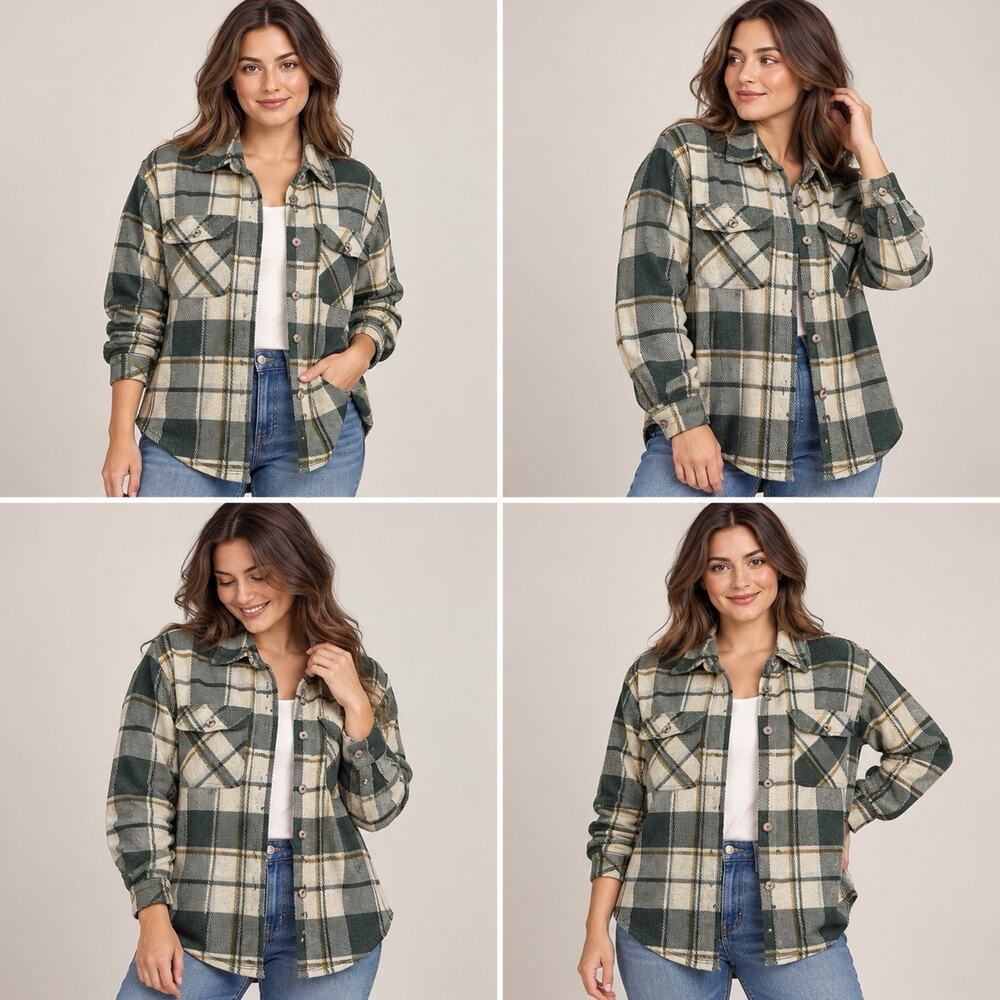 Ultra Flirt Plaid Shacket Womens XL Green Cream Button Front Shirt Jacket
